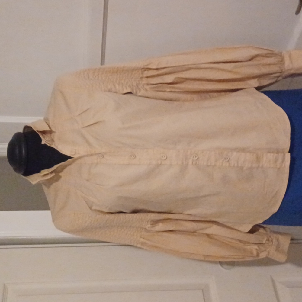 BCBG Maxazria beige balloon sleeve button up top with removable collar